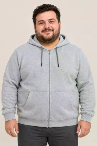 Erkek Battal Büyük Beden Üç İplik İçi Şardonlu Kapüşonlu Tam Fermuarlı Kışlık Sweatshirt - Gri - 3XL - Gri
