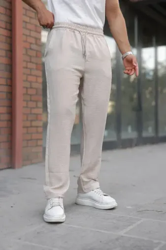 Erkek Beli Lastikli Pera Keten Pantolon - S - Bej
