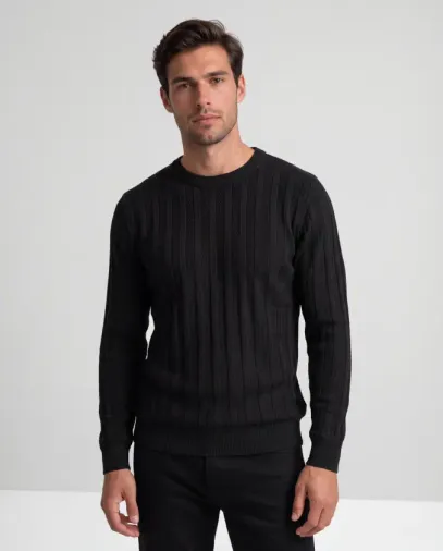Erkek Bisiklet Yaka çizgi Desenli Triko - 2XL - Siyah