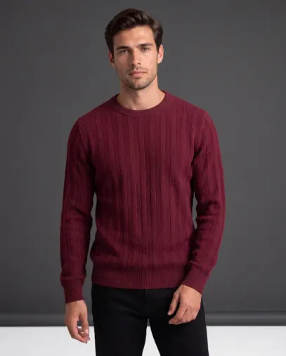 Erkek Bisiklet Yaka çizgi Desenli Triko - XL - Bordo
