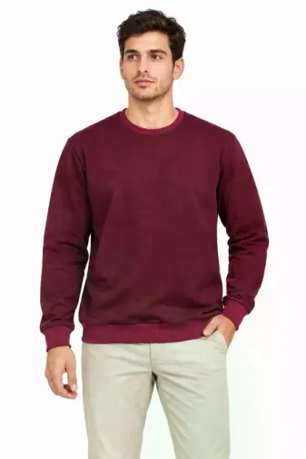 Erkek Bisiklet Yaka İçi Şardonlu 2 İplik Düz Uzun Kollu Regular Fit Sweatshirt -Bordo - L - Bordo