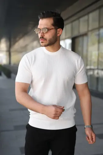 Erkek Bisiklet Yaka Petek Dokulu Kısa Kollu Triko Tişört - 2XL - Beyaz