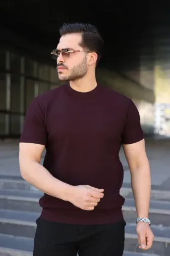 Erkek Bisiklet Yaka Petek Dokulu Kısa Kollu Triko Tişört - 2XL - Mürdüm