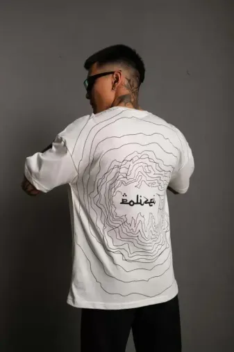 Erkek Bisiklet Yakalı Sırt Baskılı Oversize T-Shirt - Beyaz - S - Beyaz