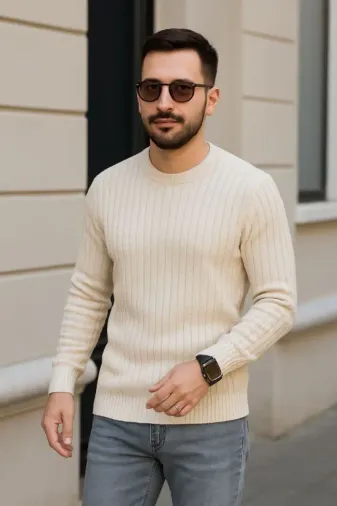 Erkek Bisiklet Yuvarlak Yaka Triko Kazak Pamuklu Kalın Fitilli Dokuma, Regular Fit Uzun Kollu Kışlık Model - Bej - M - Bej
