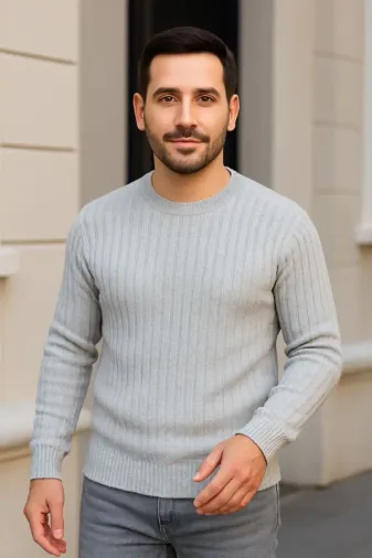 Erkek Bisiklet Yuvarlak Yaka Triko Kazak Pamuklu Kalın Fitilli Dokuma, Regular Fit Uzun Kollu Kışlık Model - Gri - S - Gri