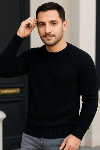 Erkek Bisiklet Yuvarlak Yaka Triko Kazak Pamuklu Kalın Fitilli Dokuma, Regular Fit Uzun Kollu Kışlık Model - Siyah - L - Siyah
