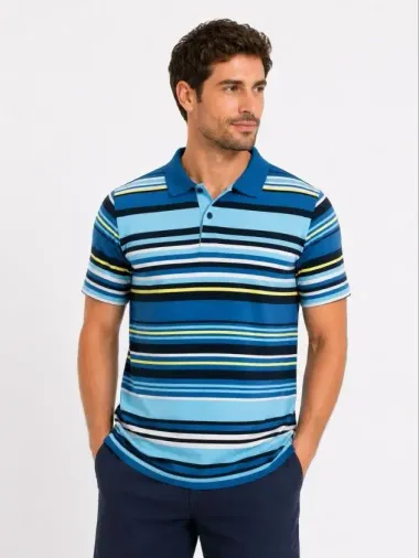 Erkek Çizgili Polo Yaka Tişört Kısa Kol Yazlık T-Shirt Regular Fit - Mavi - S - Mavi
