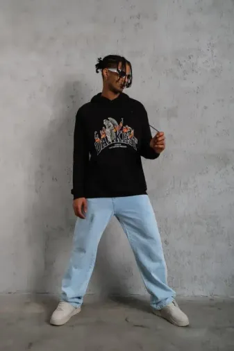 Erkek DANKES Baskılı Kapüşonlu Sweat - Siyah - XL - Siyah