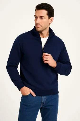 Erkek Dik Yaka Sweatshirt Dik Yaka Yarım Fermuarlı 3 İplik Şardonlu Pamuk Kumaş - Lacivert - L - Lacivert