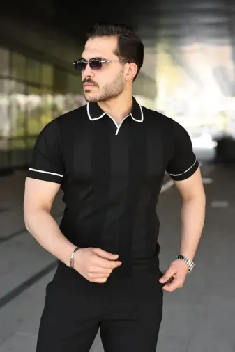 Erkek Dokulu Desen Yakalı Kısa Kollu Tişört - 2XL - Siyah