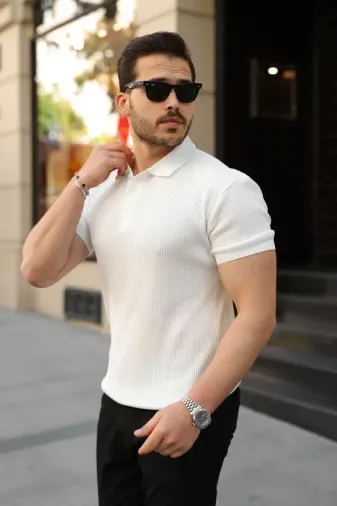 Erkek Düğmeli Yaka Kısa Kollu Triko Tişört - 2XL - Beyaz