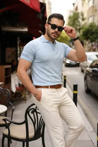 Erkek Düğmeli Yaka Pamuk Triko Tişört - 2XL - Bebe Mavisi