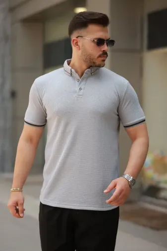 Erkek Düğmeli Yaka Waffle Kumaş Kısa Kollu Tişört - 2XL - Gri