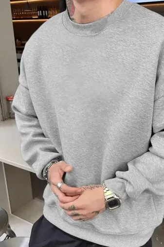 Erkek Düz Bisiklet Yaka Sweat - Gri - L - Gri