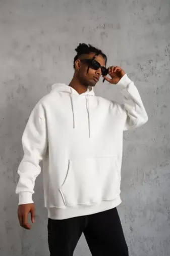 Erkek Düz Kapüşonlu Sweat - Beyaz - 2XL - Beyaz