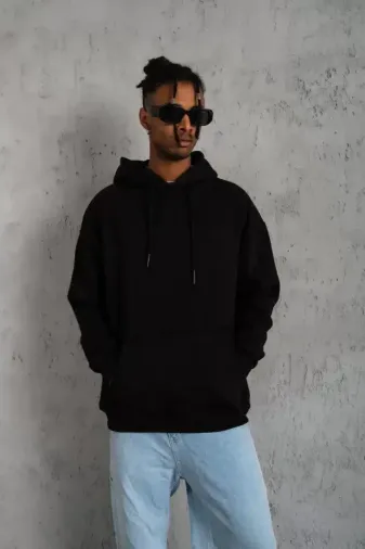 Erkek Düz Kapüşonlu Sweat - Siyah - M - Siyah