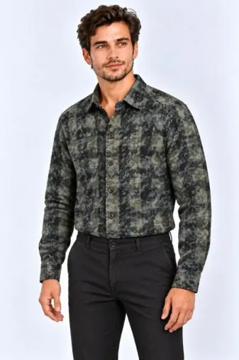 Erkek Ekose Kareli Batik Yıkamalı Şardonlu Uzun Kollu Regular Fit Oduncu Gömlek - Haki - 2XL - Haki