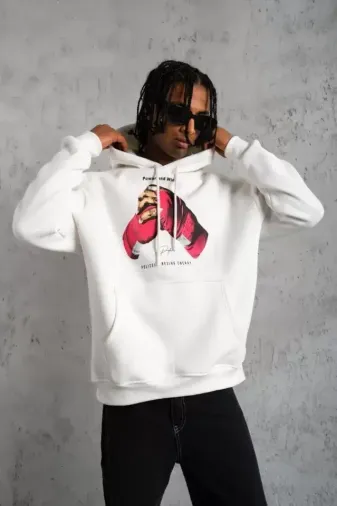 Erkek Eldiven Baskılı Kapüşonlu Sweat - Beyaz - S - Beyaz