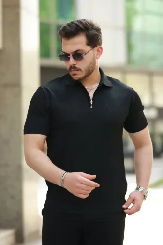 Erkek Fermuarlı Yakalı Kısa Kollu Tshirt - L - Siyah