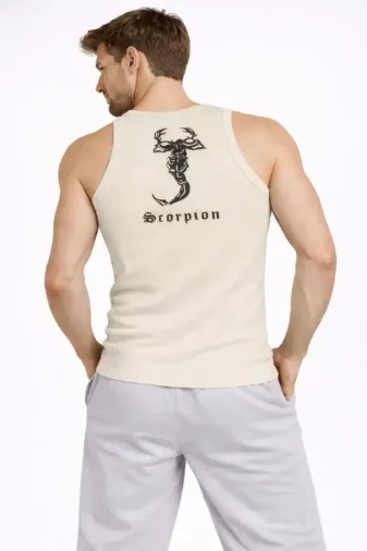 Erkek Fitilli Atlet Sıfır Yaka Slim Fit Arka Baskılı Spor Atlet - Krem - XS - Krem