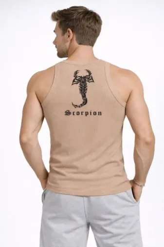 Erkek Fitilli Atlet Sıfır Yaka Slim Fit Arka Baskılı Spor Atlet - Bej - 2XL - Bej
