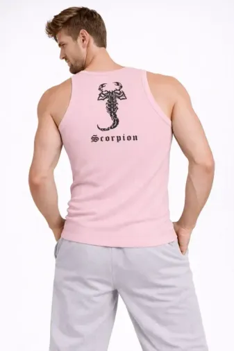 Erkek Fitilli Atlet Sıfır Yaka Slim Fit Arka Baskılı Spor Atlet - Pembe - XS - Pembe