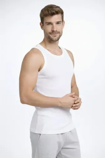 Erkek Fitilli Atlet Sıfır Yaka Slim Fit Arka Baskılı Spor Atlet - Beyaz - S - Beyaz