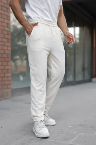 Erkek Fitilli Beli Lastikli Rahat Pantolon - S - Açık Krem