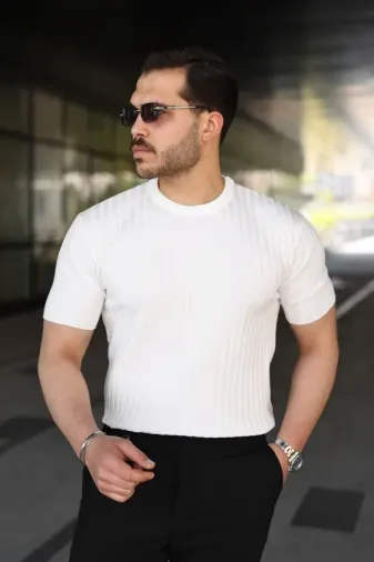 Erkek Fitilli Bisiklet Yaka Kısa Kollu Tişört - 2XL - Beyaz