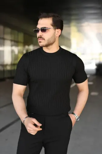 Erkek Fitilli Bisiklet Yaka Kısa Kollu Tişört - 2XL - Siyah