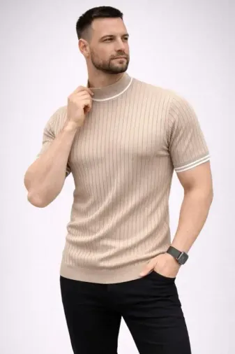 Erkek Fitilli Triko Dokuma Kısa Kol Tişört Yarım Boğaz Modern Yazlık T-Shirt - Bej - S - Bej