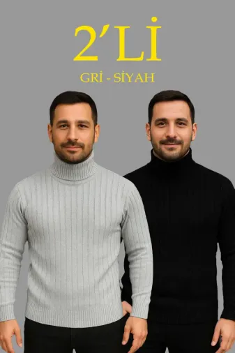 Erkek Fitilli Triko Kazak 2li Set Gri Siyah Regular Balıkcı Yaka Tam Boğazlı Triko Seti Modeli Kazak - S - Çok Renkli