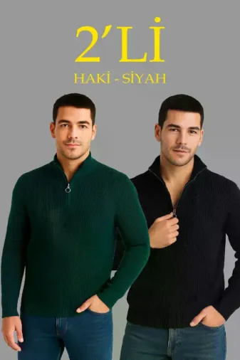 Erkek Fitilli Triko Kazak 2’li Set – Siyah - Haki Kalın Dokuma Pamuklu Regular Fit V Yaka Fermuarlı Uzun Kollu Rahat Kışlık Kazak Kombini - 2XL - Çok