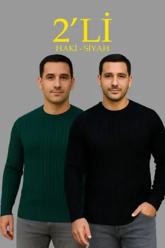 Erkek Fitilli Triko Kazak 2’li Set Siyah Haki Kalın Dokuma Pamuklu Regular Fit Bisiklet - XL - Siyah - Haki