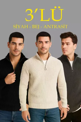 Erkek Fitilli Triko Kazak 3’lü Set – Antrasit, Siyah, Bej Kalın Dokuma Pamuklu Regular Fit V Yaka Fermuarlı Uzun Kollu Rahat Kışlık Kazak Kombini - L