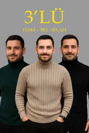 Erkek Fitilli Triko Kazak 3lÜ Set Bej Haki Siyah Regular Balıkcı Yaka Tam Boğazlı Triko Seti Modeli Kazak - S - Çok Renkli