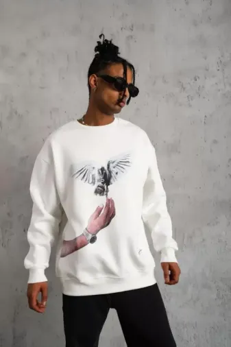 Erkek Güvercin Baskılı Sweatshirt - Beyaz - L - Beyaz