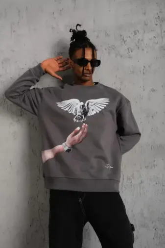 Erkek Güvercin Baskılı Sweatshirt - Gri - M - Gri