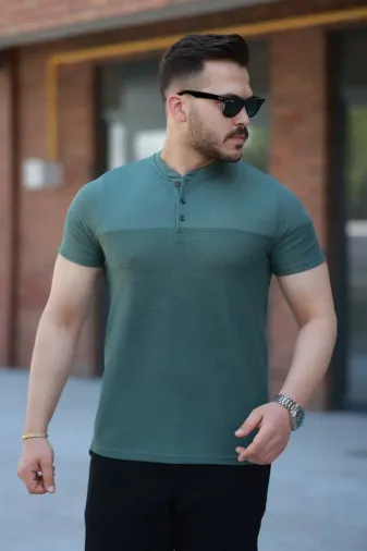 Erkek Hakim Yakalı Kısa Kollu Pamuklu T-shirt - S - Yeşil