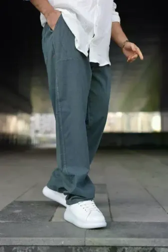 Erkek Ham Keten Beli Lastikli Cepli Regular Fit Boru Paça Pantolon - İndigo - 2XL - İndigo