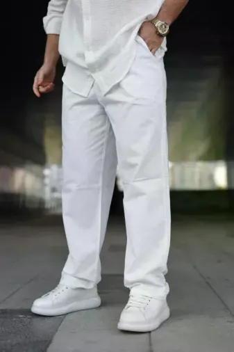 Erkek Ham Keten Beli Lastikli Cepli Regular Fit Boru Paça Pantolon - Beyaz - S - Beyaz