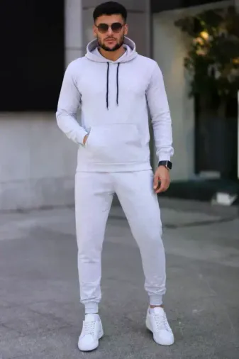 Erkek İki İplik Kapüşonlu Kanguru Cepli Sweatshirt Jogger Pantolon Alt Üst Eşofman Takımı -Beyaz - S - Beyaz