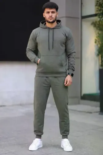 Erkek İki İplik Kapüşonlu Kanguru Cepli Sweatshirt Jogger Pantolon Alt Üst Eşofman Takımı - Haki - XL - Haki
