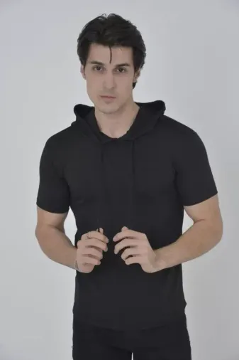 Erkek Kapşonlu Slim Fit T-shirt - Siyah - XL - Siyah
