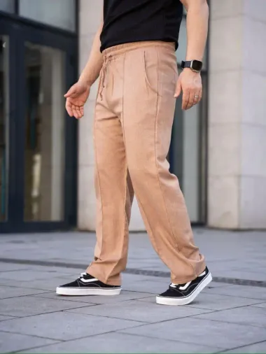 Erkek Keten Cepli Çıma Dikişli Jogger Buggy Pantalon Rahat Kalıp - Kahverengi - XL - Kahverengi