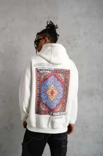 Erkek Kilim Desen Kapüşonlu Sweat- Beyaz - L - Beyaz