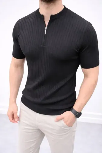 Erkek Kısa Kol Fitilli Triko T-Shirt Yazlık Hakim Yaka Tişört - Siyah - 2XL - Siyah
