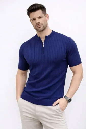 Erkek Kısa Kol Fitilli Triko T-Shirt Yazlık Hakim Yaka Tişört - Lacivert - 2XL - Lacivert