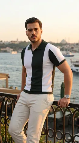 Erkek Kısa Kollu Polo Yakalı Blok Desenli Triko Bluz - STANDART - Yeşil